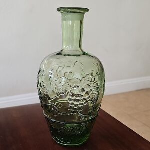 Vintage Green Glass Wine Decanter with Embossed Grape Leaves